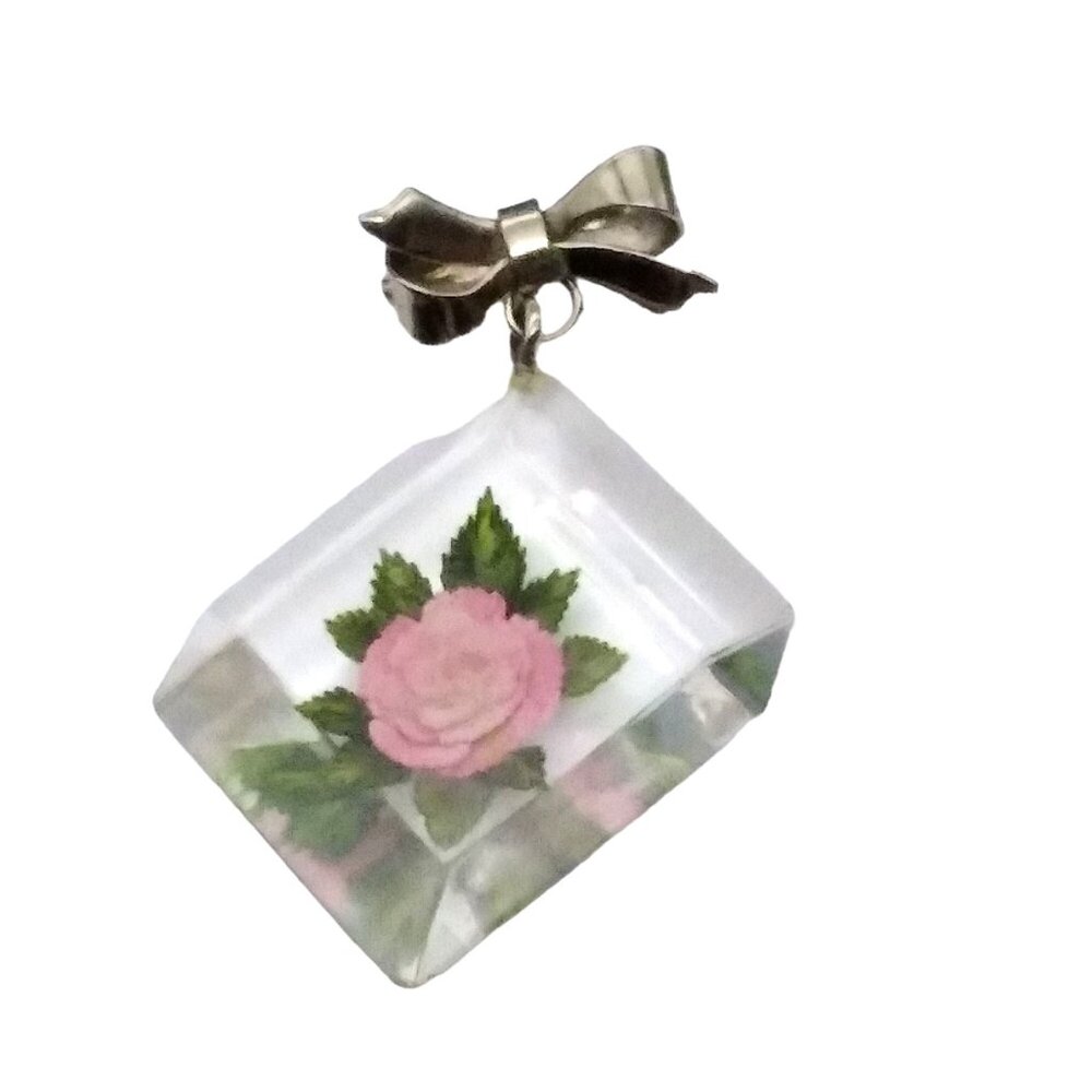 Vintage Bow Brooch with Dangling Lucite Encased Flower, Romantic 1930s Pin